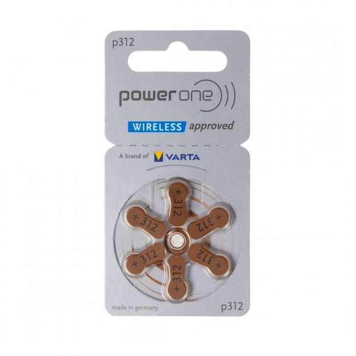 Pile auditive Power One P312 (marron) – Plaquette de 6 piles zinc‑air sans mercure